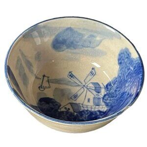 Vtg PRE WWII Delft windmill MADE IN JAPAN blue on ecru 4.5” bowl